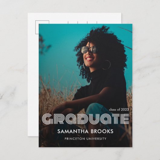 レトロタイポグラフィ写真卒業 案内ポストカード (正面/裏面)