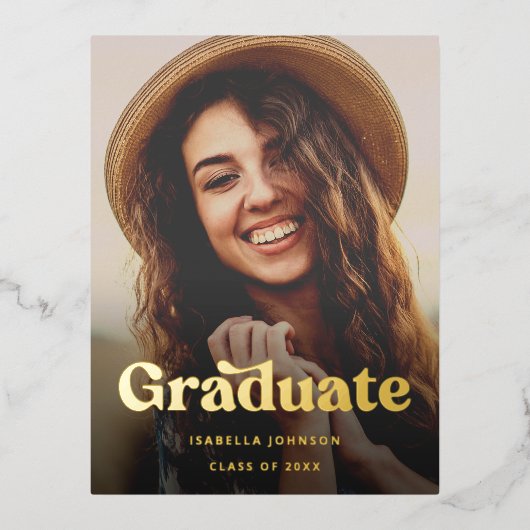 レトロタイポグラフィ写真卒業 箔招待状ポストカード (正面)