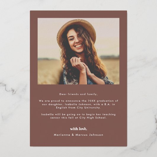 レトロタイポグラフィ写真卒業 箔招待状 (裏面)