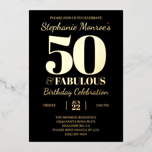 レトロタイポグラフィ50と素晴らしいブラックと金ゴールド 箔招待状 (正面)