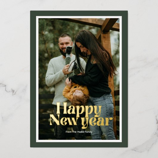 レトロタイポグラフィGroovy Happy New Year 2025写真 箔シーズンカード (正面)