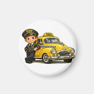 レトロタクシードライバーの少年とビンテージの黄色い車のTシャツ マグネット