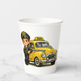レトロタクシードライバーの少年とビンテージの黄色い車のTシャツ 紙コップ