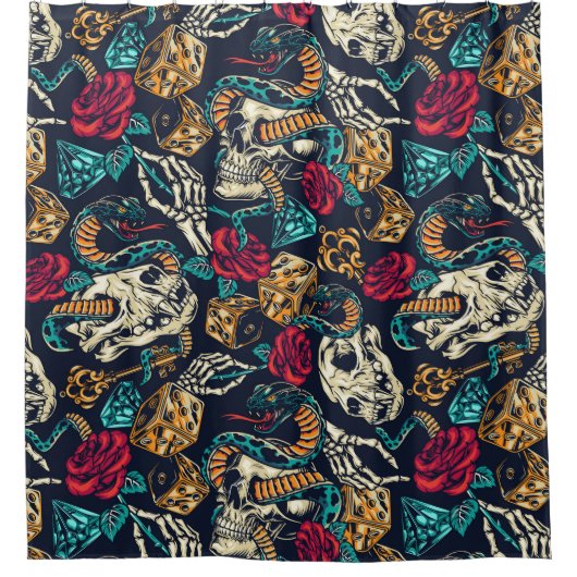 レトロタトゥーパターン シャワーカーテン (正面)