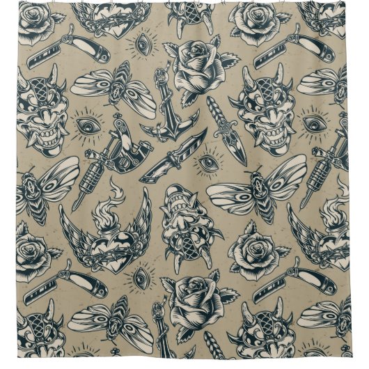 レトロタトゥーパターン シャワーカーテン (正面)