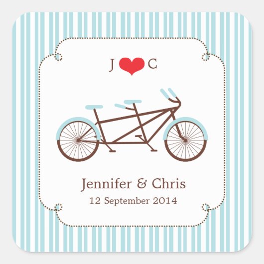 レトロタンデムバイシクルブルー&ホワイト結婚ズ スクエアシール (正面)