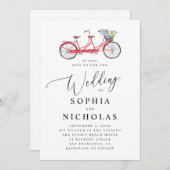レトロタンデム自転車。エレガント結婚スクリプト 招待状 (正面/裏面)