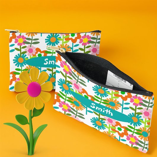 レトロターコイズとオレンジ色の花 アクセサリーポーチ