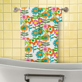 レトロターコイズとオレンジ色の花 バスタオルセット