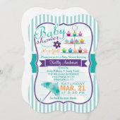 レトロターコイズとパープルベビーシャワー 招待状 (正面/裏面)