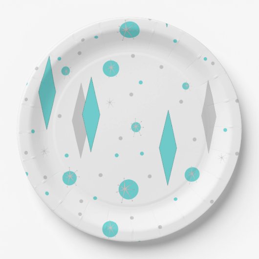 レトロターコイズダイヤモンド&スターバスト紙プレート ペーパープレート (正面)
