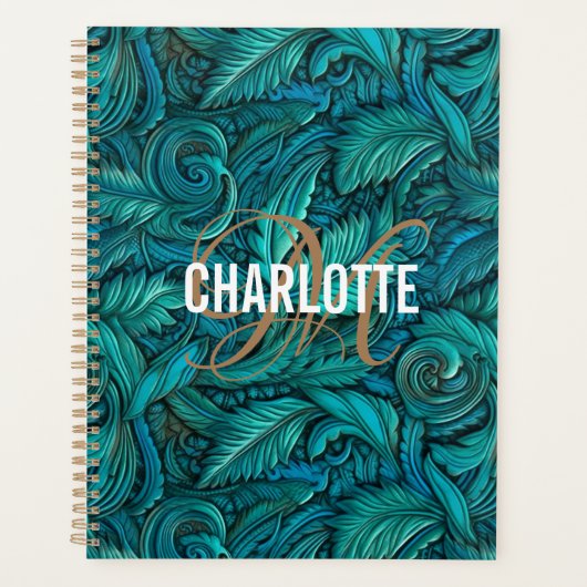 レトロターコイズツール革モノグラム名 プランナー手帳 (正面)