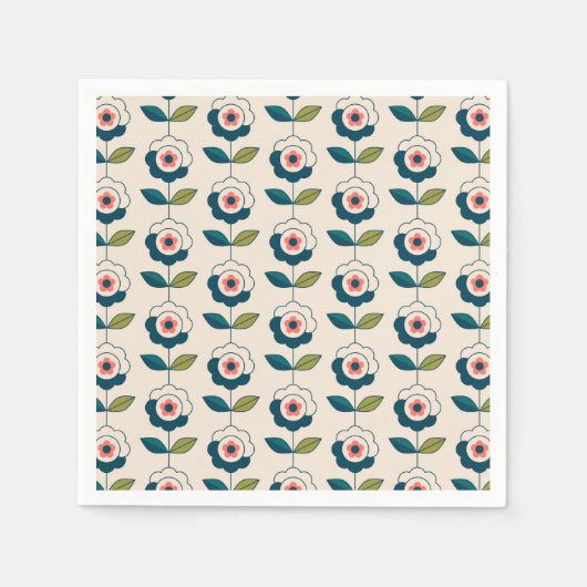 レトロターコイズフローラルパターン スタンダードカクテルナプキン (正面)