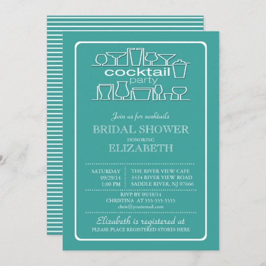 レトロターコイズブルーカクテルパーティーブライダルシャワー 招待状 (正面/裏面)