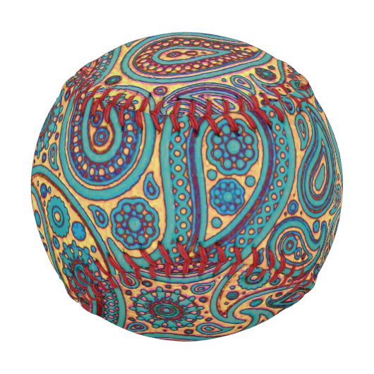 レトロターコイズレインボーペイズリーモチーフ 野球ボール (裏面)