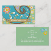 レトロターコイズ、グリーンペイズリーモチーフフローラ 名刺 (正面/裏面)