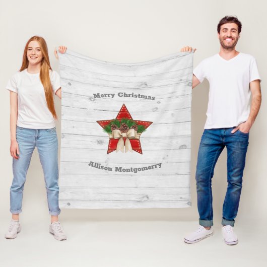 レトロタータンチェックホワイトウッド木製クリスマススター フリースブランケット (インサイチュ)