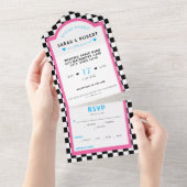 レトロダイナーチェッカーボードピンク&ブルー結婚ズ オールインワン招待状 (貼ってはがせる)