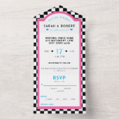 レトロダイナーチェッカーボードピンク&ブルー結婚ズ オールインワン招待状 (内側)