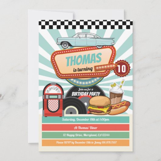 レトロダイナーバースデーヴィンテージバーガーミルクシェイク 招待状 (正面)