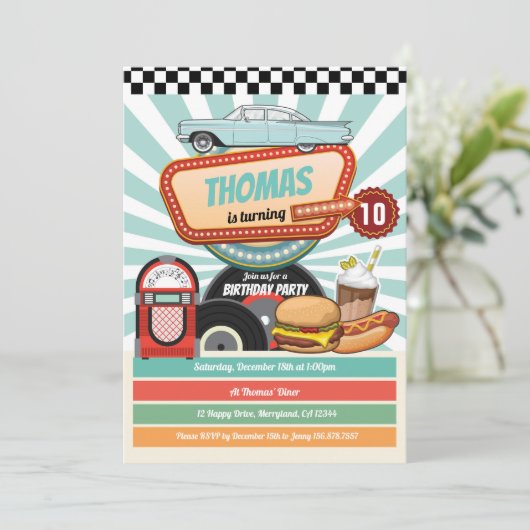 レトロダイナーバースデーヴィンテージバーガーミルクシェイク 招待状 (スタンド正面)