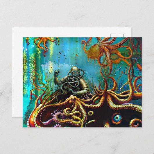 レトロダイバー – ダイビングスーツを着たタコ ポストカード (正面/裏面)