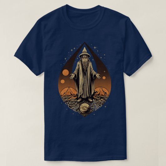 レトロダークウィザードヴィンテージファンタジーイラストレーション Tシャツ (デザイン正面)