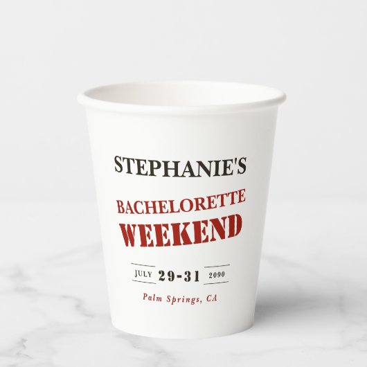 レトロダークレッド、ブラック&ホワイトバチェロレッテ週末 紙コップ (正面)