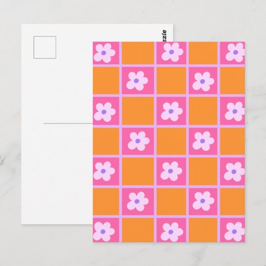 レトロチェッカーボードパターン（オレンジ色と紫） ポストカード (正面/裏面)