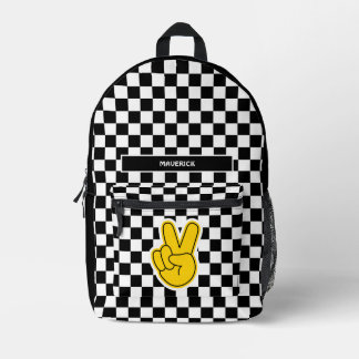 レトロチェッカーボードピースサイン プリントバックパック