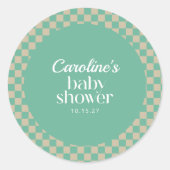 レトロチェッカーボードミントセージ赤ちゃんシャワーカスタム ラウンドシール (正面)