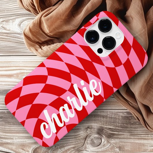 レトロチェッカーボード渦波ピンク赤 Case-Mate iPhoneケース
