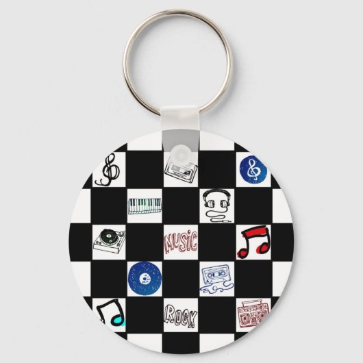 レトロチェッカーボード音楽カセット&詳細 キーホルダー (正面)