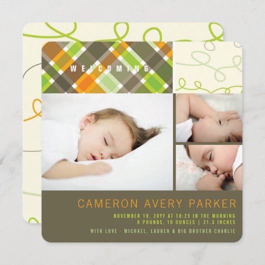 レトロチェックと落書きシック3フォトボーイ誕生 案内状 (正面/裏面)