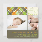 レトロチェックと落書きシック3フォトボーイ誕生 案内状 (正面)