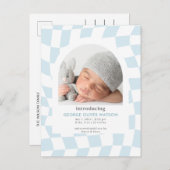 レトロチェック青い少年の写真誕生のお知らせ 案内ポストカード (正面/裏面)