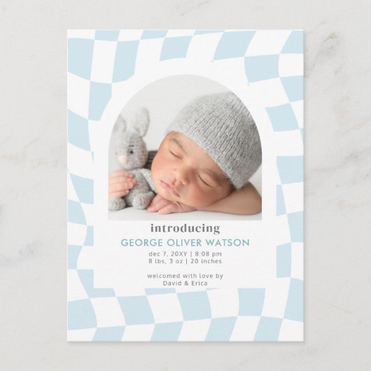レトロチェック青い少年の写真誕生のお知らせ 案内ポストカード (正面)