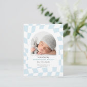 レトロチェック青い少年の写真誕生のお知らせ 案内ポストカード (スタンド正面)
