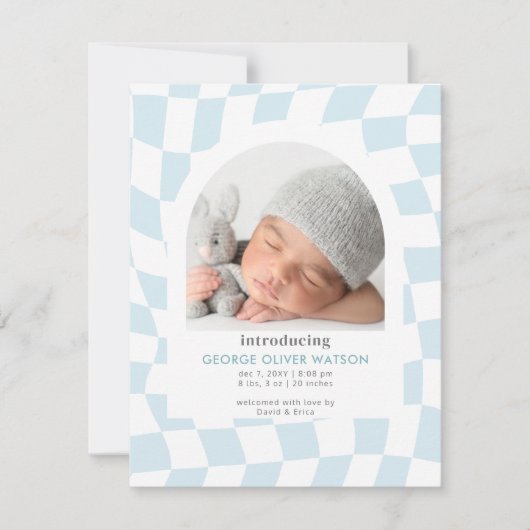 レトロチェック青い少年の写真誕生のお知らせ 案内状 (正面)