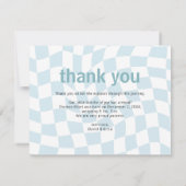 レトロチェック青い少年の写真誕生のお知らせ 案内状 (裏面)