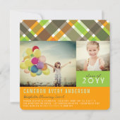 レトロチェックPlaid モダン2写真卒業パーティー 招待状 (正面)