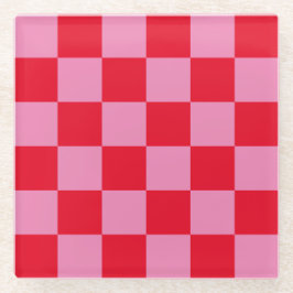 レトロチェッ市松模様にカーボード模様ピンクオレンジ ガラスコースター
