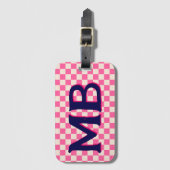 レトロチェッ市松模様にカーボード模様ピンクブルー ラゲッジタグ (正面縦)