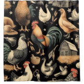 レトロチキンファームパターン シャワーカーテン (正面)