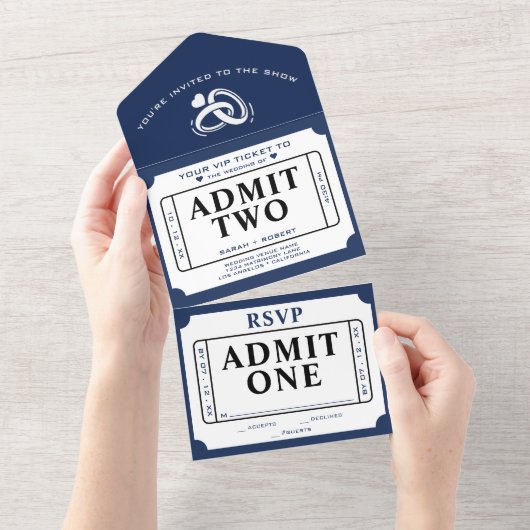 レトロチケットスタブアリーツホワイト&ブルー結婚ズ オールインワン招待状 (貼ってはがせる)