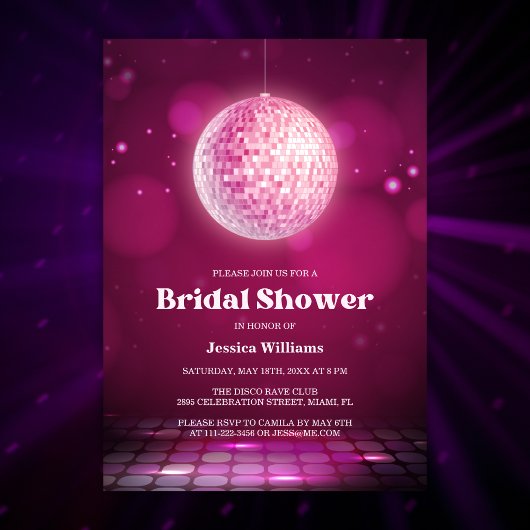 レトロチックなグリッター ピンク ディスコボール ブライダルシャワー 招待状