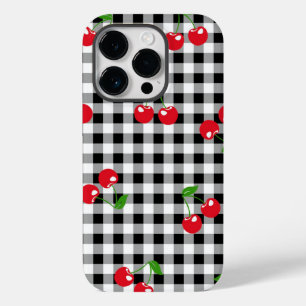 レトロチックな赤いチェリー&ブラック/ホワイトのギンガムタータン Case-Mate iPhone 14 PROケース