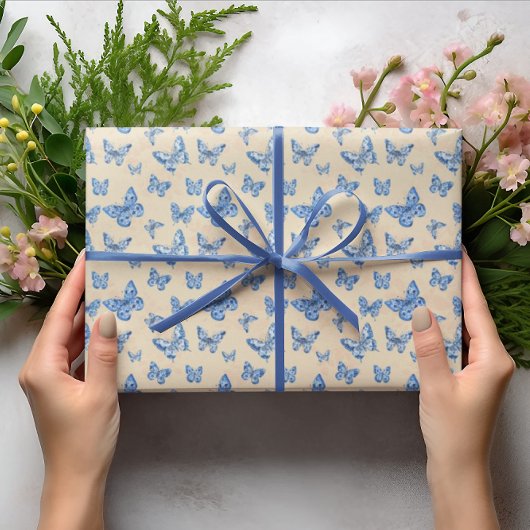 レトロチノイスリーブルー蝶赤面アイボリー ラッピングペーパー