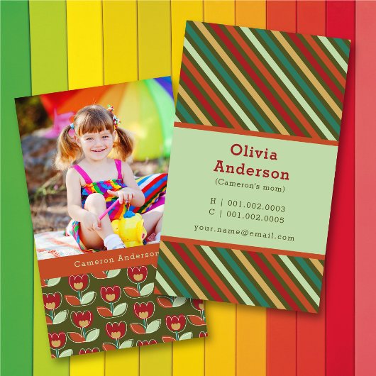 レトロチューリップ開花とストライプパターン写真ママ コーリングカード