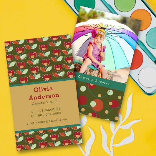 レトロチューリップ開花とドットパターンフォトママ コーリングカード